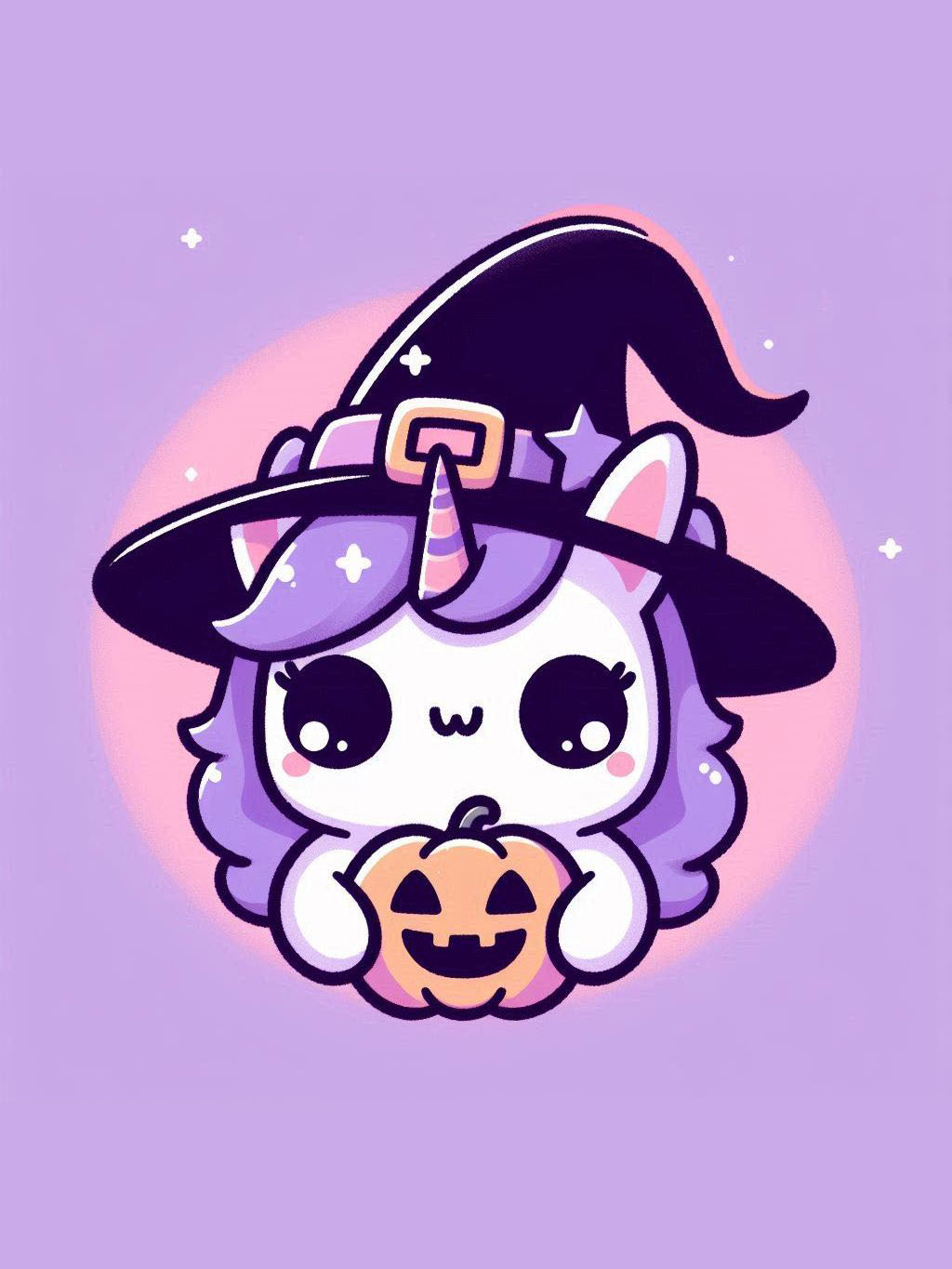 halloween unicorn illustration ideas featuring a cute unicorn with a witch's hat and a carved pumpkin.